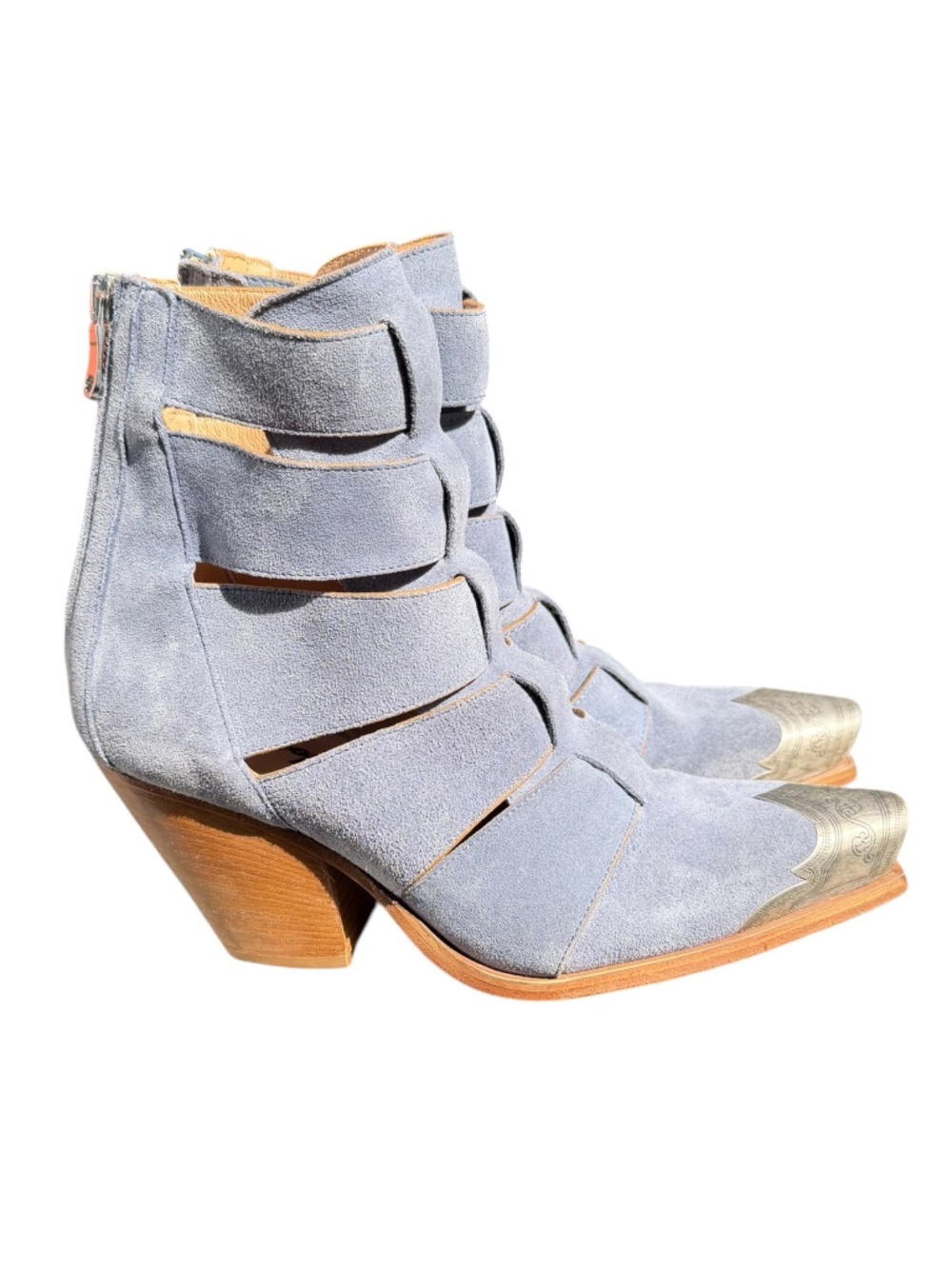 Free People Brayden Fisherman Boots 37.5 Boardwalk Blue Suede Western Metal Toe